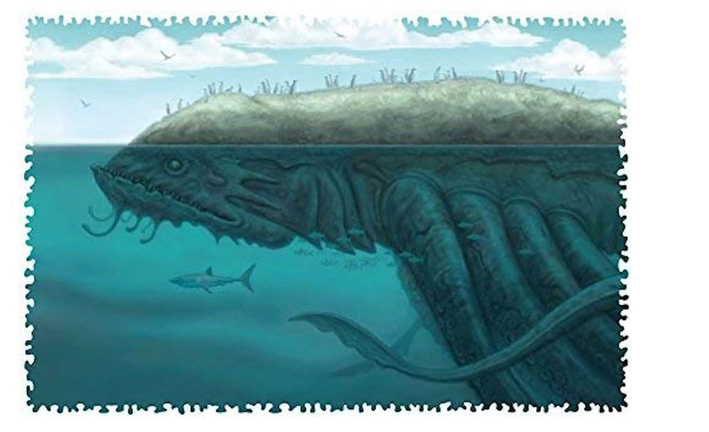 A massive, sea-monster-like creature with a grassy island on its back swimming beneath the surface of the ocean.
