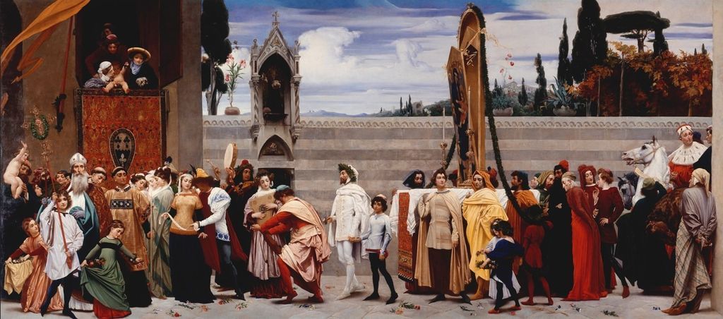 A historical procession with figures in medieval Renaissance clothing moving through an Italian stone courtyard.