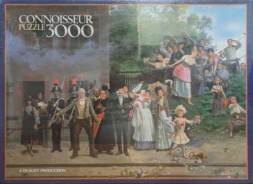 19th-century oil painting of a crowd of people waiting at a train station platform.