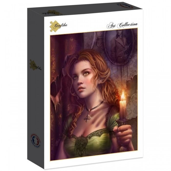 A woman with auburn hair in a green dress holds a lit candle in a dimly lit, vintage room.