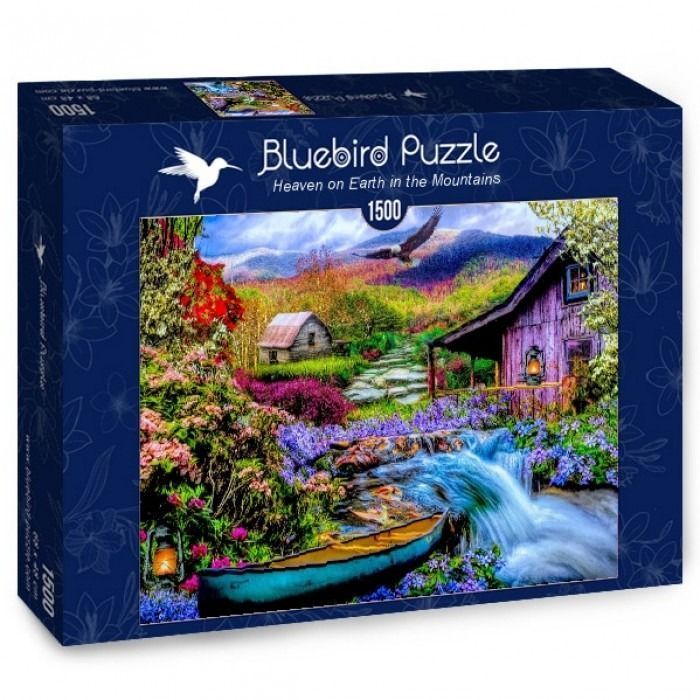 A lush, colorful landscape with a cabin, a small waterfall, and a canoe in the foreground.