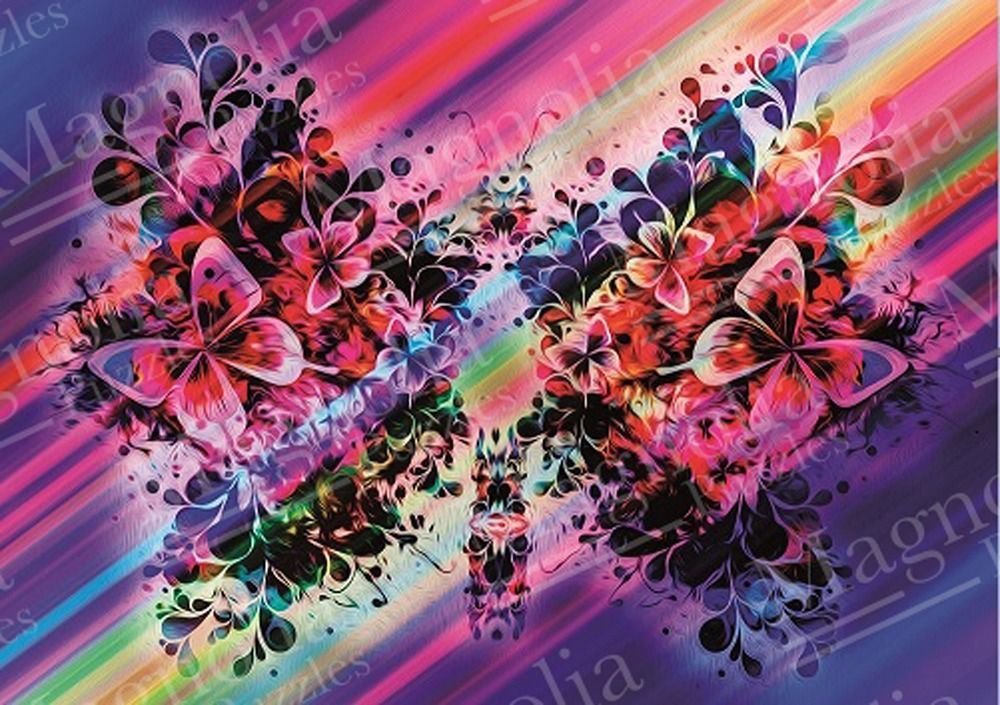 Abstract butterfly silhouette composed of colorful swirling floral patterns against a diagonal rainbow background.