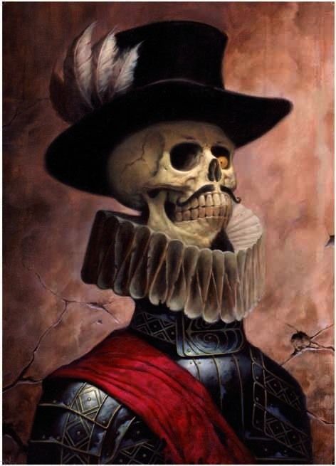 A skeletal figure in a top hat, ruff collar, and dark armor, painted in a somber, realistic style.