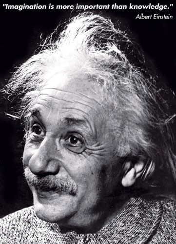 A close-up black and white portrait of Albert Einstein with wild hair and the quote Imagination is more important than knowle