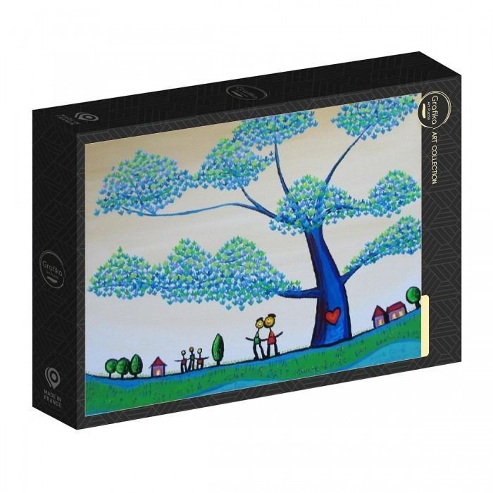 Whimsical painting of a bright blue tree with stick-figure people on a green grassy hill against a soft beige sky.