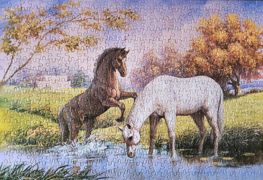 A painting of a brown horse rearing up and a white horse drinking from a shallow stream in a meadow.