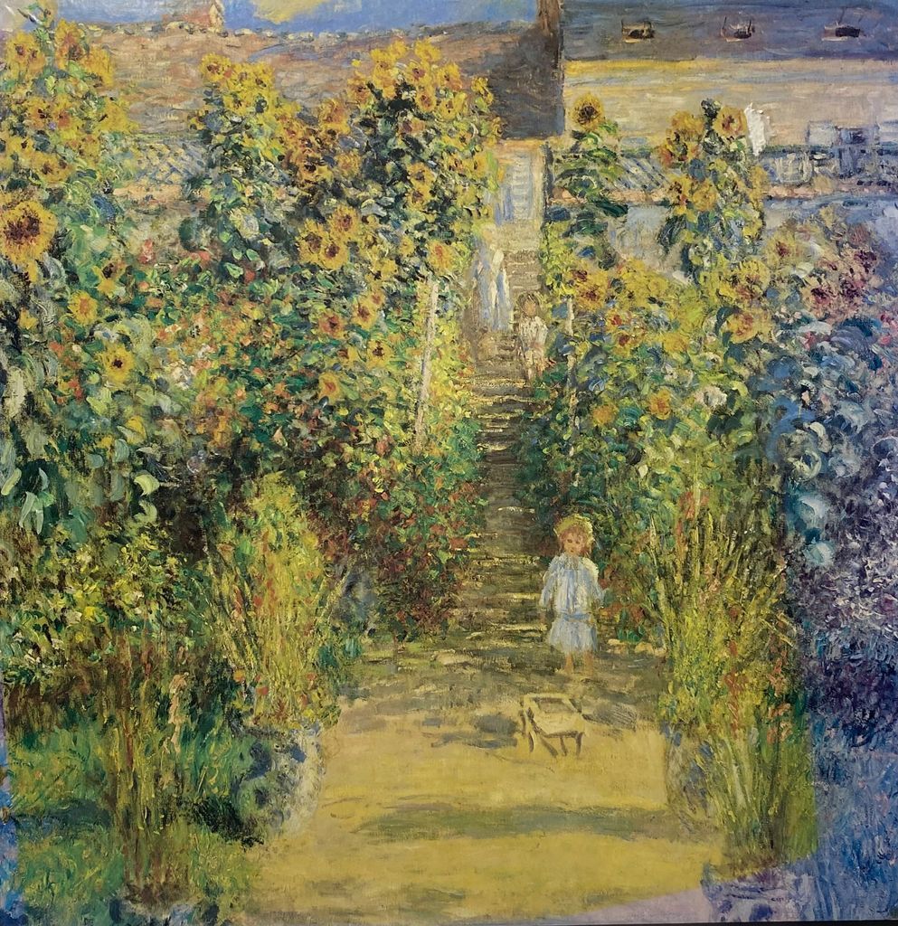 Impressionist painting of a child standing on a garden path bordered by tall sunflowers and foliage.