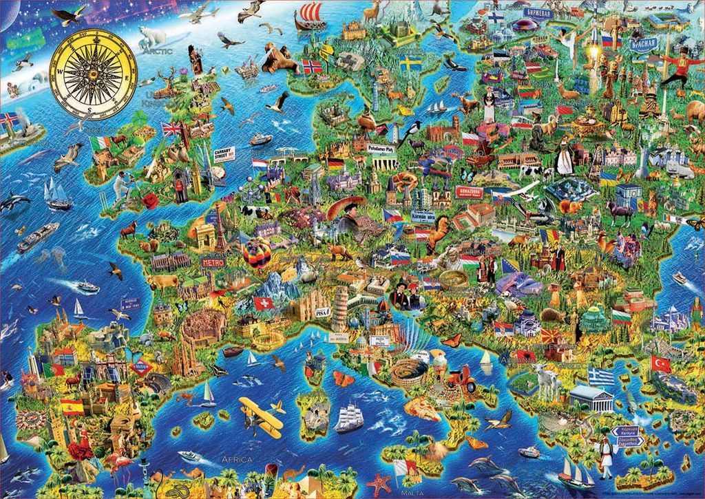 An illustrated, busy map of Europe filled with landmarks, flags, and wildlife.