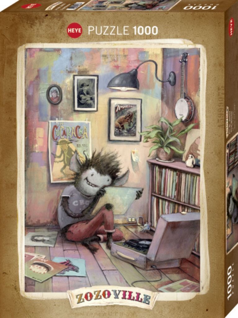A whimsical illustration of a furry creature sitting on a floor listening to a vinyl record player.