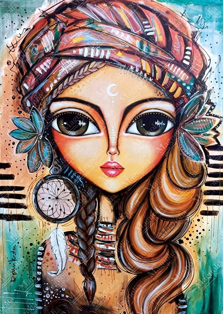 Stylized portrait of a young woman with a braided hairstyle, a patterned headscarf, and dreamcatcher earrings.