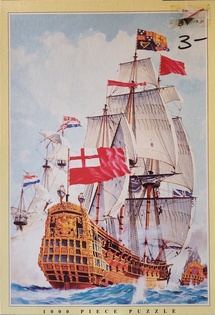 An oil painting of a tall ship with ornate golden stern carvings and multiple flags sailing on blue waves.