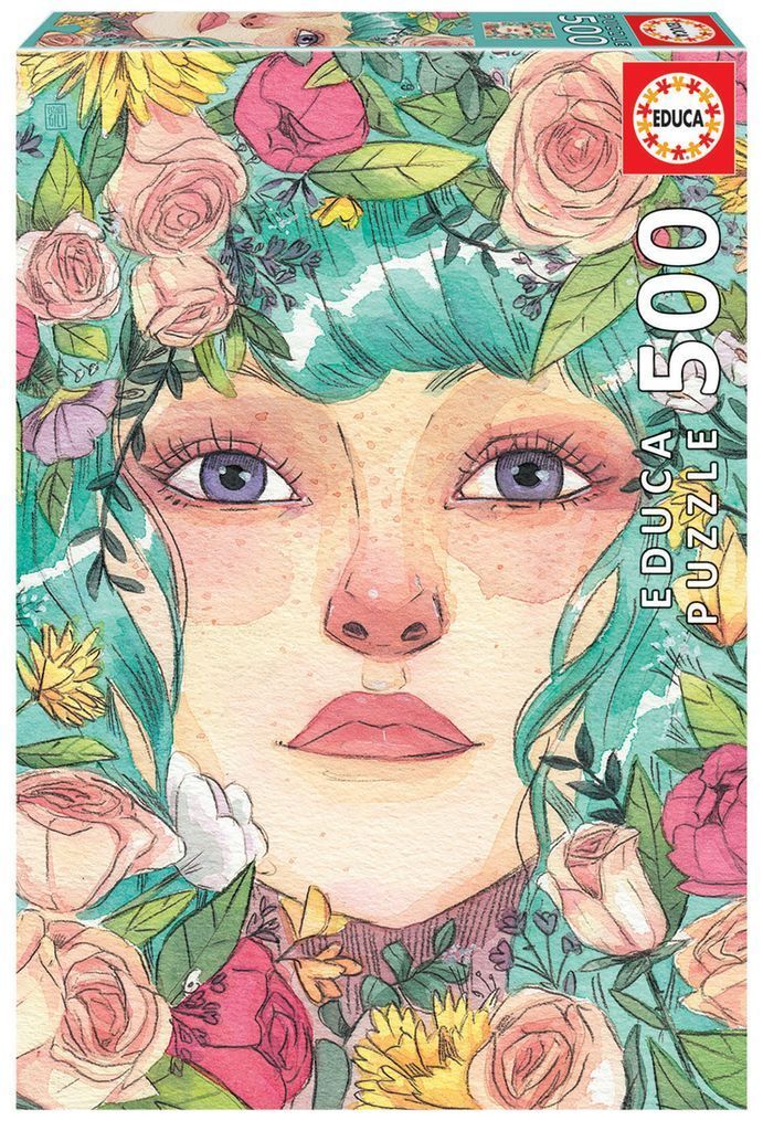 A watercolor illustration of a young woman's face surrounded by colorful blooming flowers and teal hair.