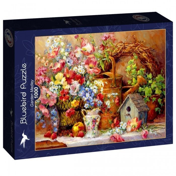 A lush, impressionistic still life painting of a garden table with flowers, a watering can, and a birdhouse.