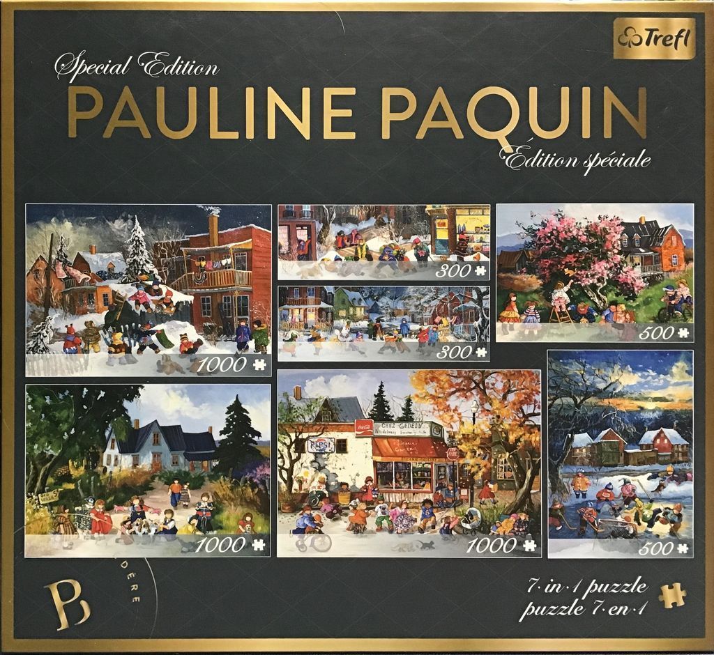 A collection of six folk-style paintings by Pauline Paquin depicting seasonal scenes of children playing.