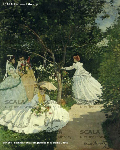 A painting of four figures in a lush, sunlit garden featuring women in large, flowing white dresses.