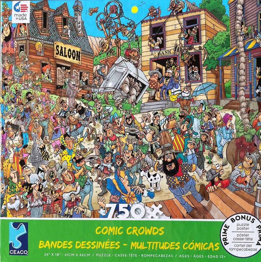 Cartoon scene of a chaotic Wild West town street filled with numerous comical characters and a bank robbery.
