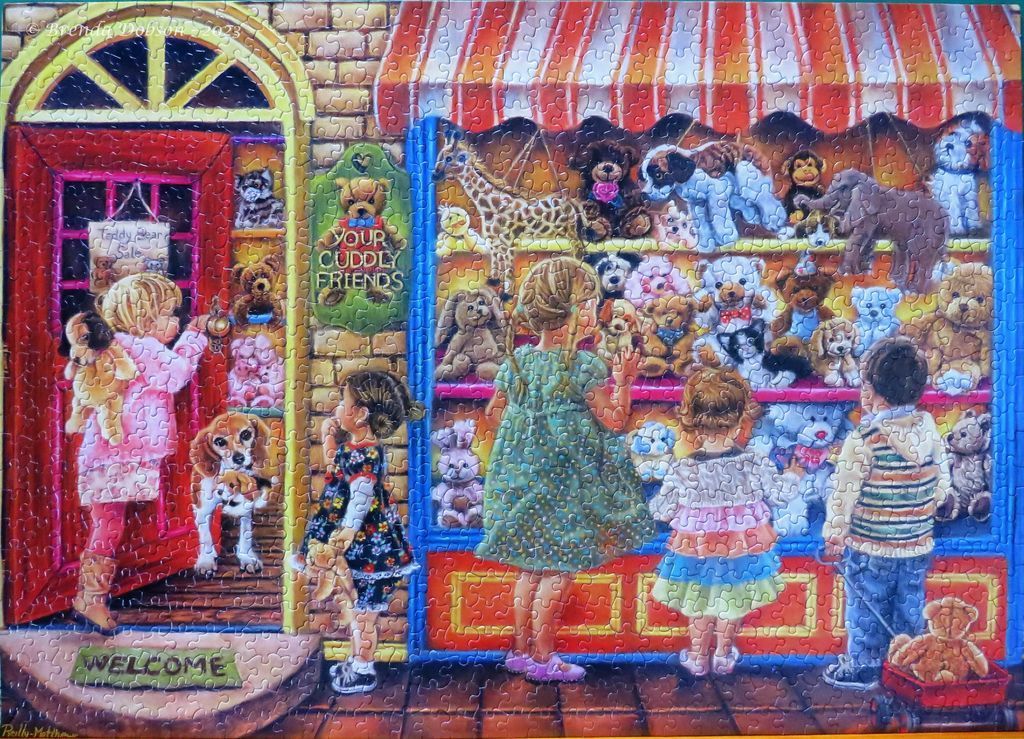 A colorful illustration of children looking at stuffed animals in a toy store window.