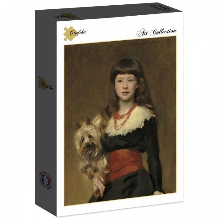 An oil painting portrait of a young girl with straight dark hair holding a small, shaggy terrier dog.