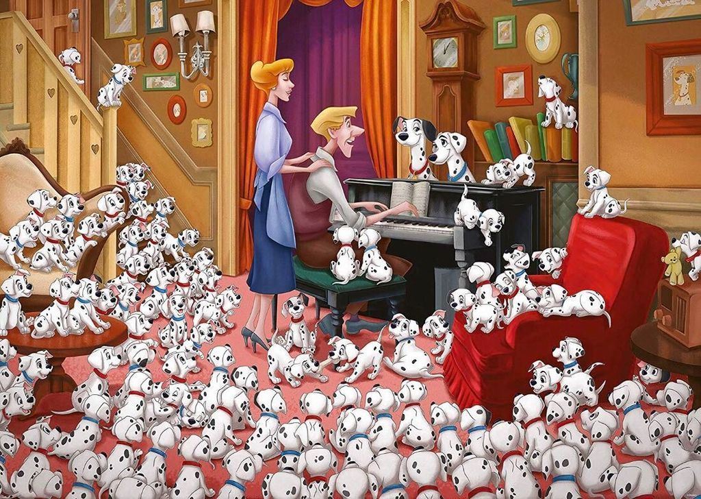 A man playing piano for a woman in a living room filled with dozens of Dalmatian puppies.