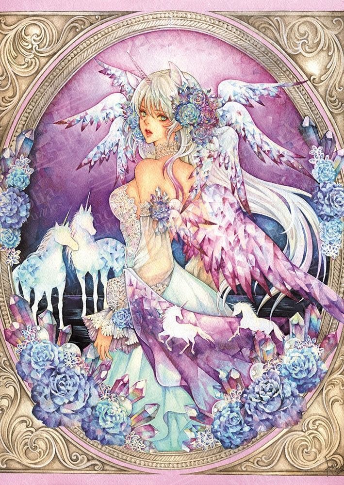 An ethereal anime-style woman with crystal wings, roses, and unicorns in a golden oval frame.