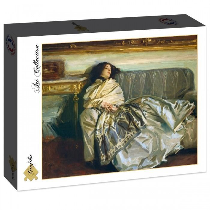 An oil painting of a woman with dark hair resting on a plush sofa, draped in a cream-colored shawl.