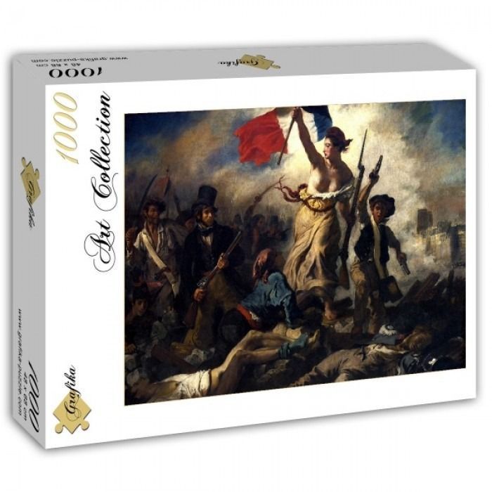 A reproduction of Eugène Delacroix's painting Liberty Leading the People, showing a woman with a flag over a barricade.