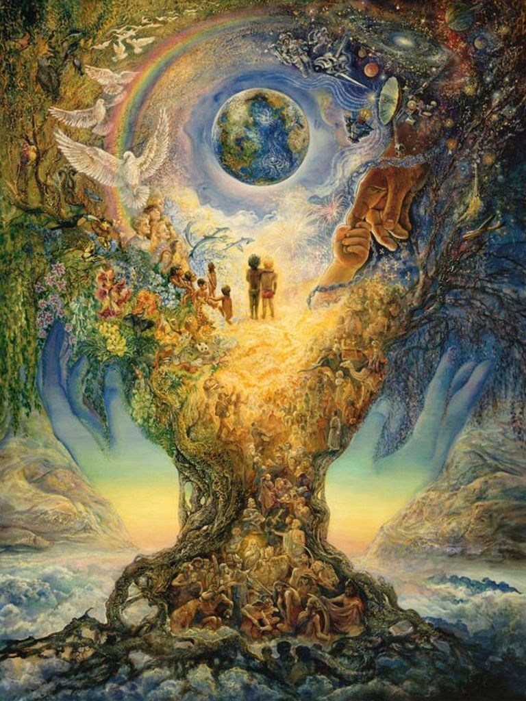 Surreal illustration of humanity and nature forming a tree held by giant hands against a cosmic backdrop.