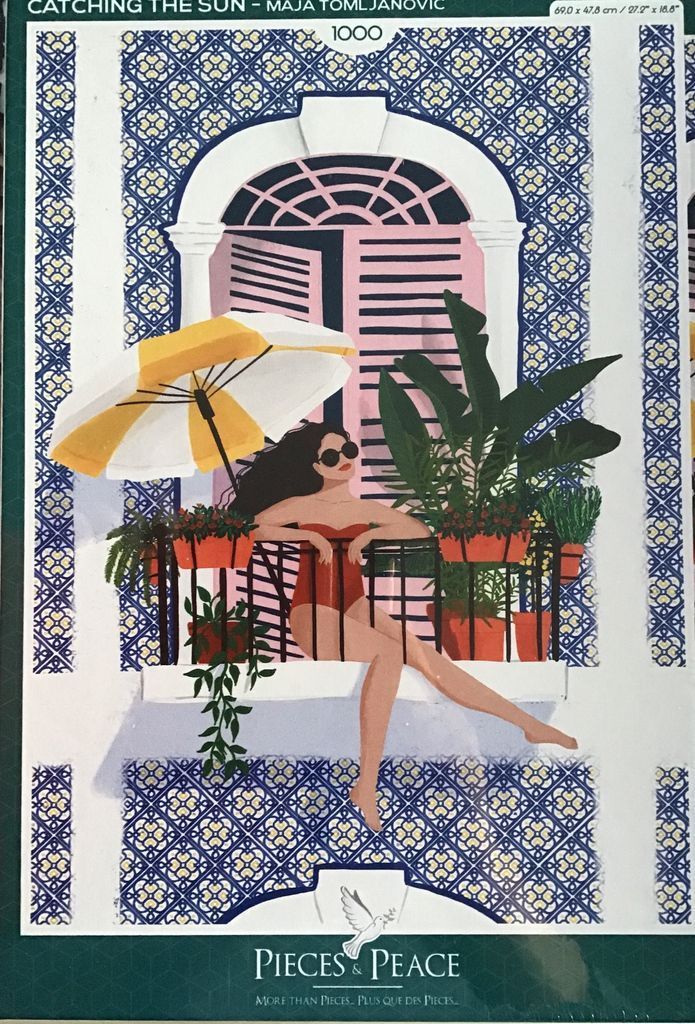 Illustration of a woman in a red swimsuit relaxing on a balcony with patterned blue and white tiles.