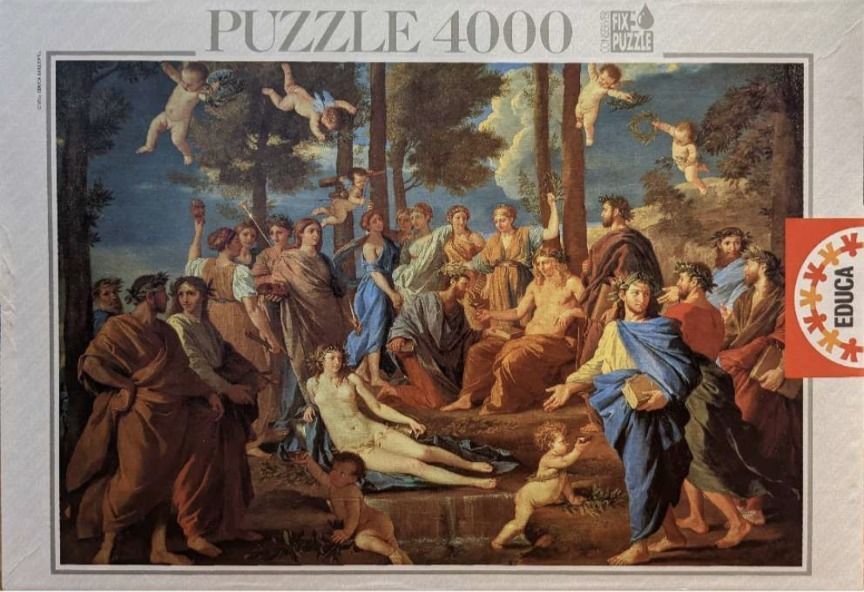 A classical oil painting depicting a group of mythological figures, poets, and cherubs in a wooded landscape.