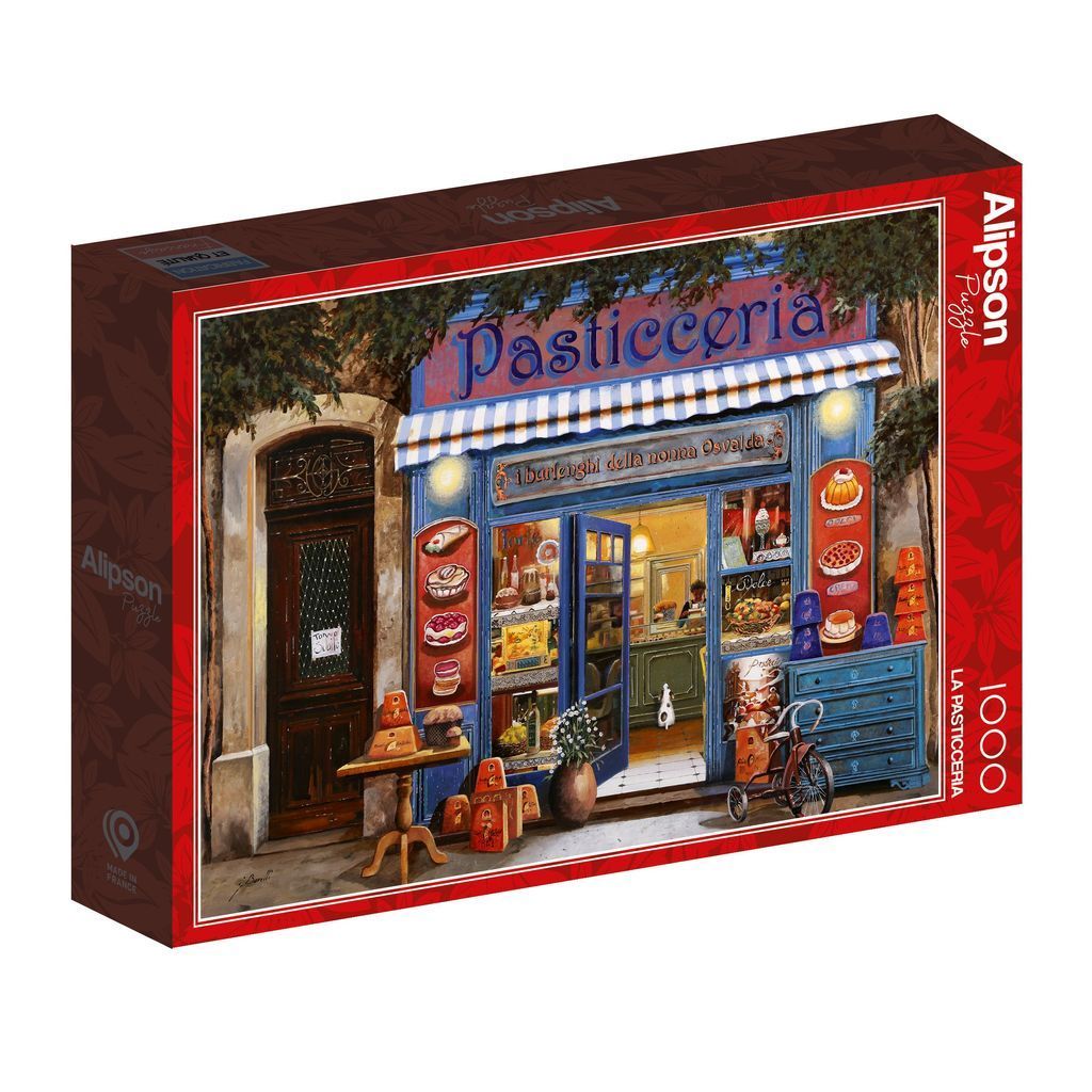 A detailed painting of a quaint Italian pastry shop front with blue trim and outdoor displays.