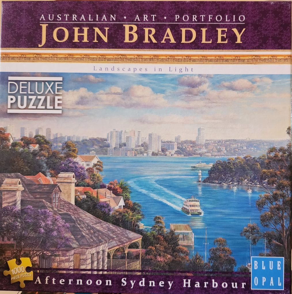 An oil painting of the Sydney Harbour featuring a foreground house, boats on the water, and the distant city skyline.