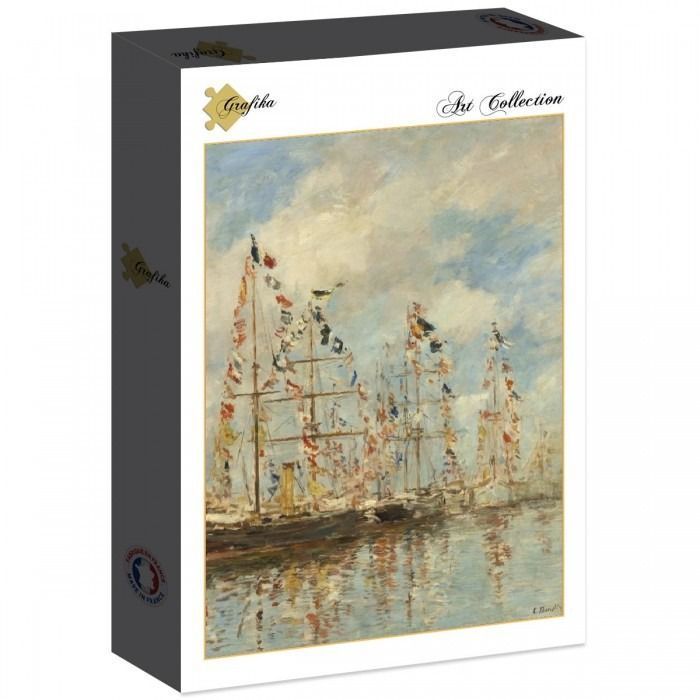 Impressionist painting of several tall ships decorated with signal flags in a harbour.