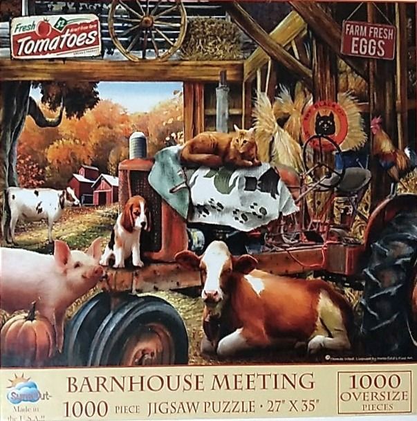 A collection of farm animals gathered around an old red tractor inside a rustic barn.
