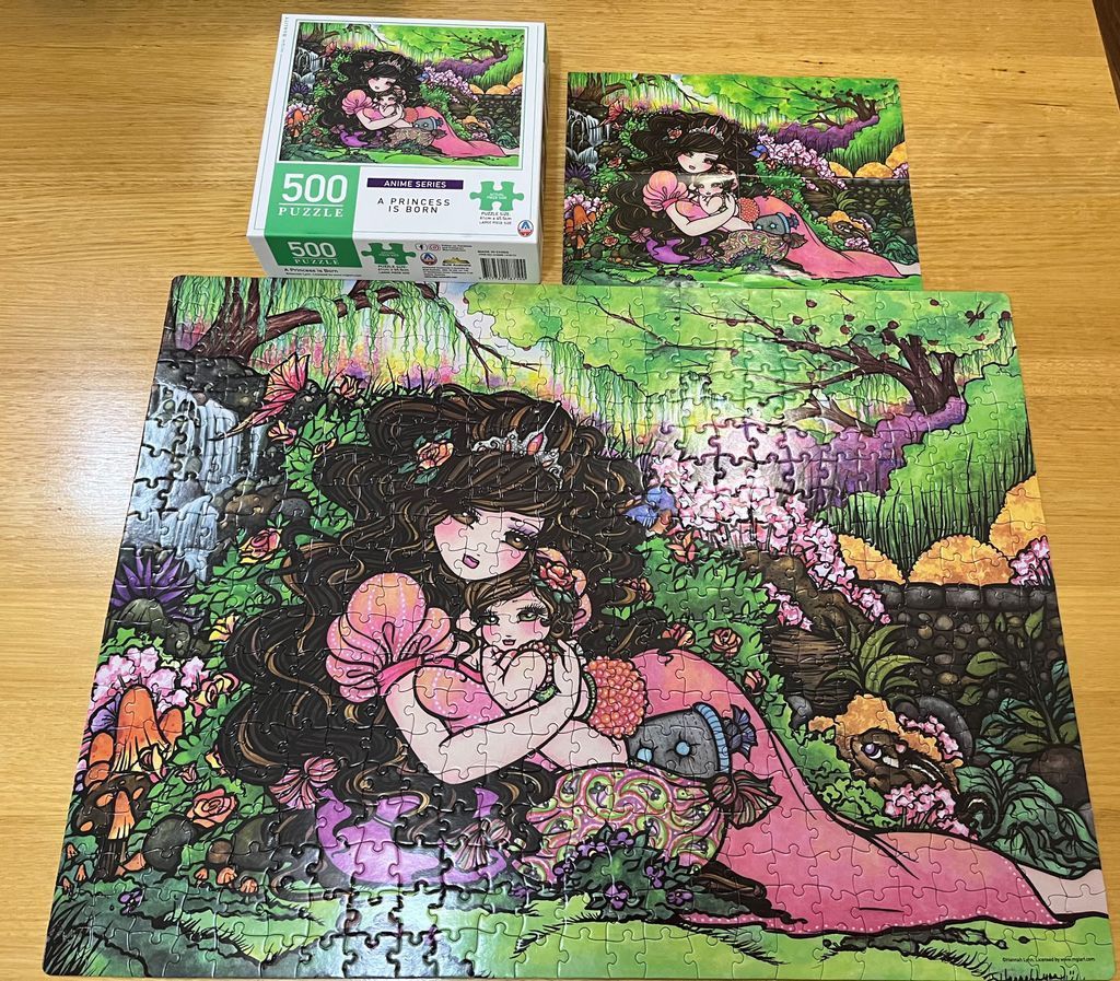An anime-style illustration of a mother with long dark hair holding her baby in a lush, magical forest.