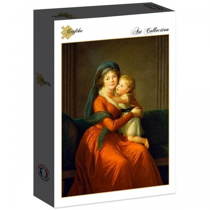 A classical oil painting of a woman in an orange dress holding a young child on her lap.