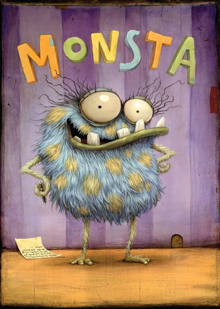 A whimsical illustration of a fuzzy blue monster with yellow spots standing in front of a purple wall.