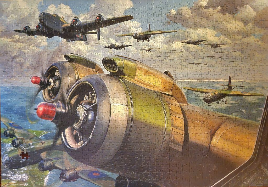 A formation of vintage military bombers flying over the ocean in a cinematic oil painting style.