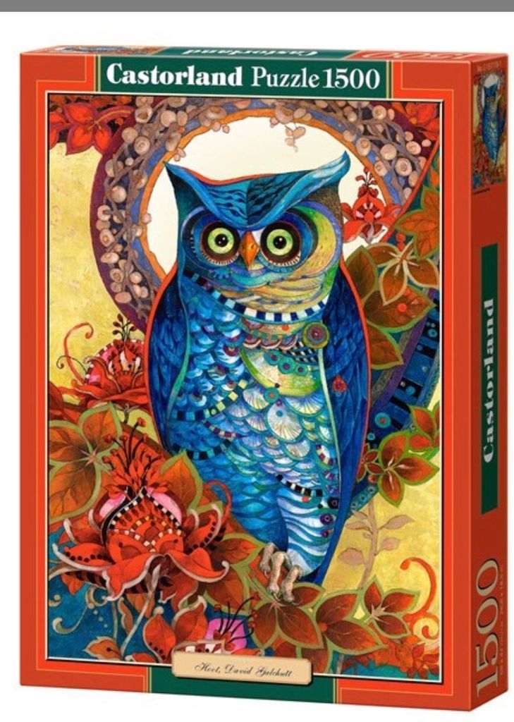 Artistic illustration of a stylized blue owl surrounded by autumn foliage and circular decorative patterns.