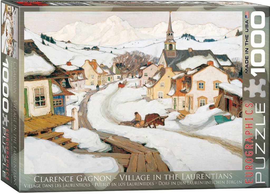 Painting of a snow-covered village in the Laurentians by Clarence Gagnon.