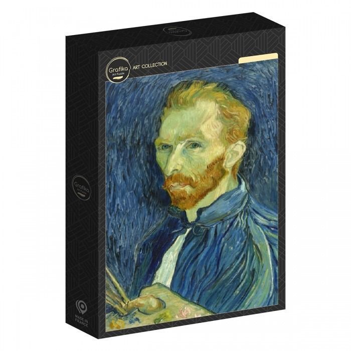 Self-portrait by Vincent van Gogh with a palette and brushes in hand against a swirling blue background.
