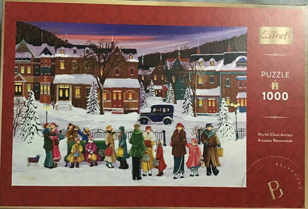 A wintry town scene featuring people in vintage clothing gathered in a snow-covered village square at dusk.