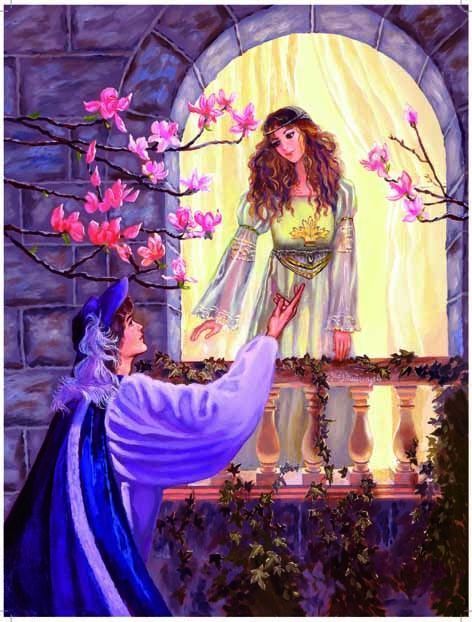 A romantic illustration of a man in a blue cape reaching up to a woman standing in a stone balcony window.