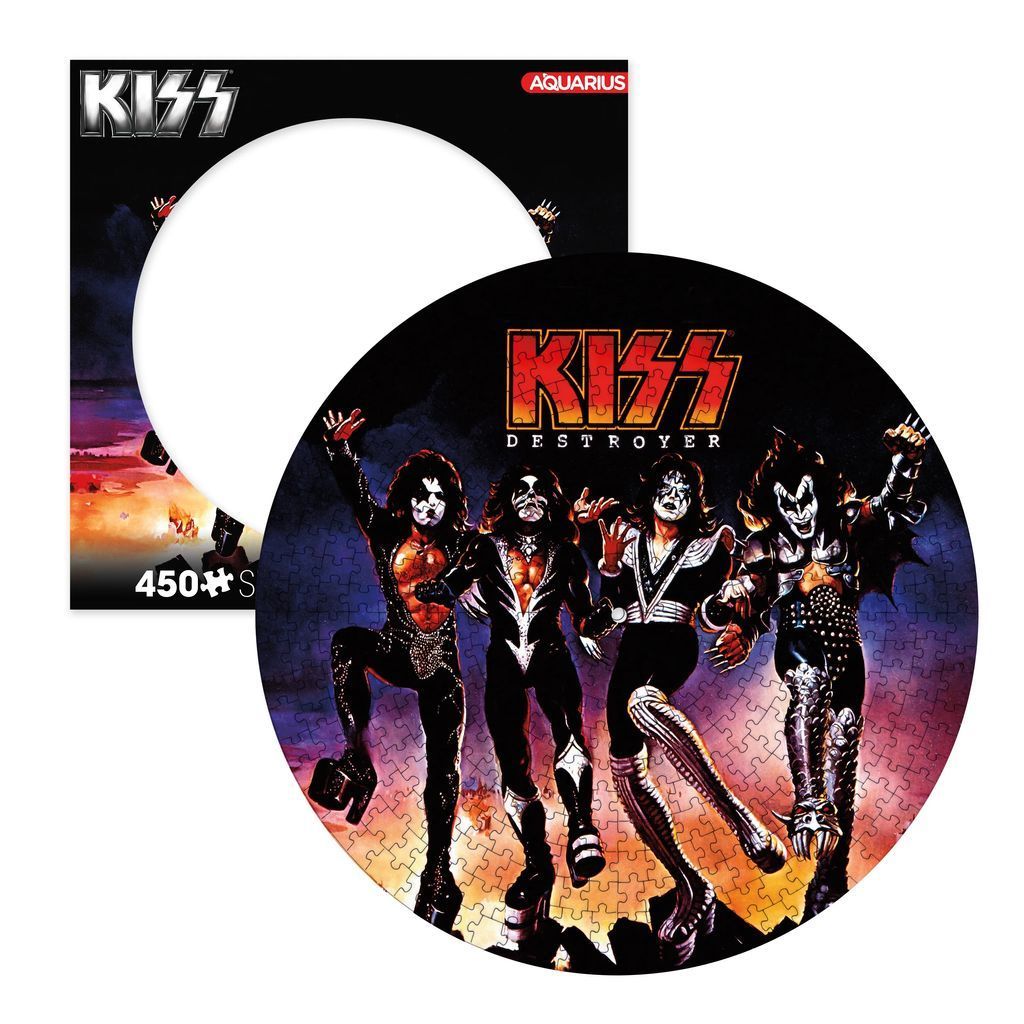 Circular illustration of the rock band KISS on their Destroyer album cover.