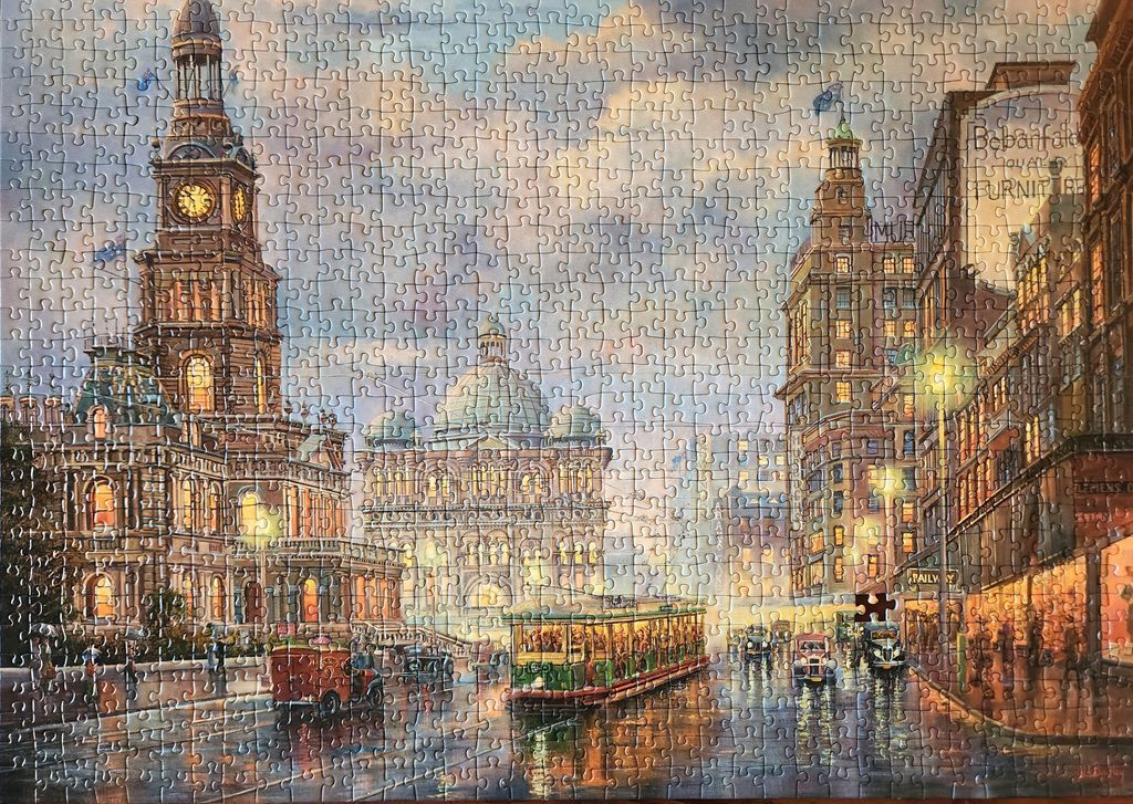 Painting of a historic city square in Melbourne with a clock tower, domed building, and a green tram at dusk.