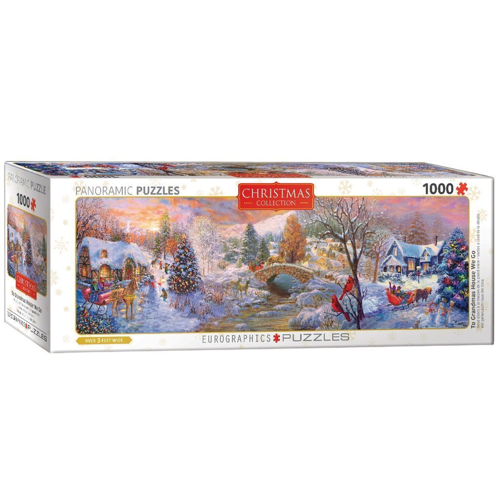A panoramic winter landscape scene showing a horse-drawn sleigh, a stone bridge, and cozy cottages during Christmas.