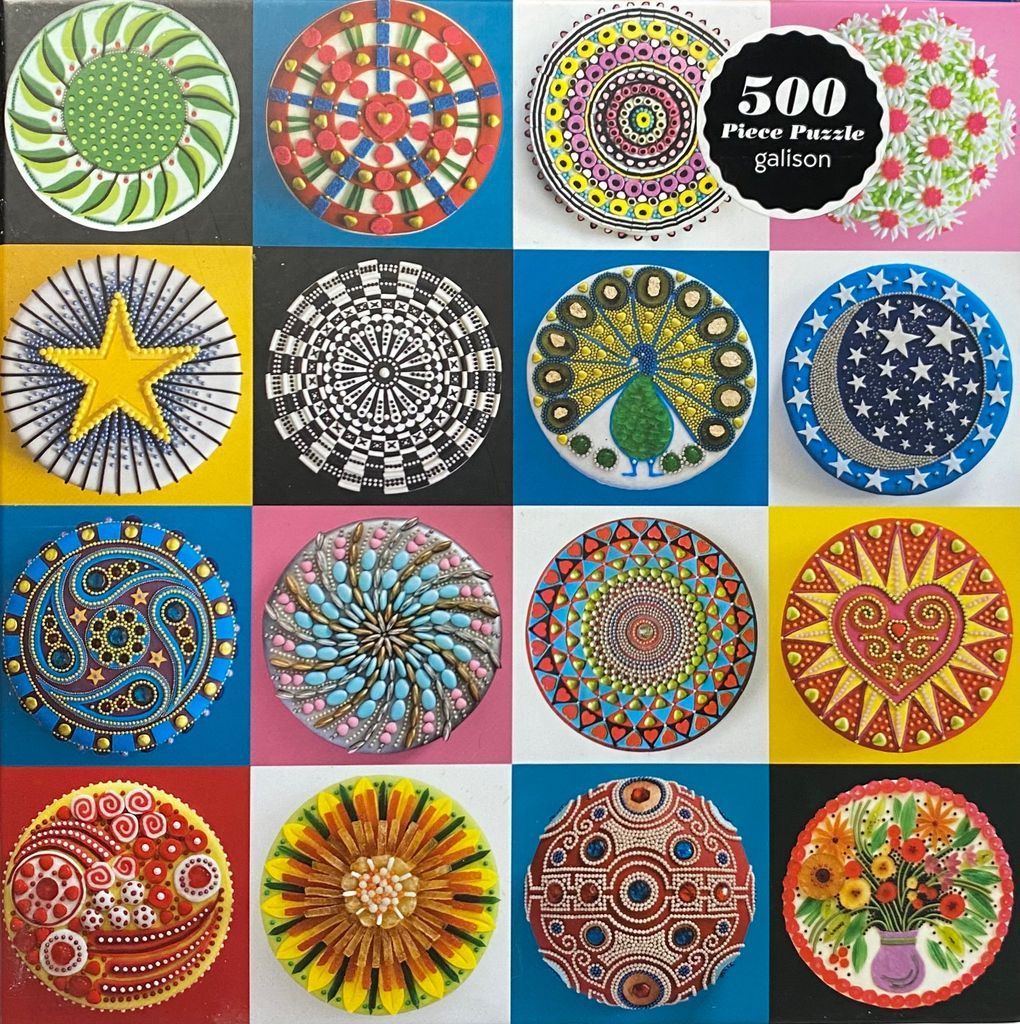 A grid of sixteen circular dot-art mandalas featuring various floral, geometric, and celestial patterns on solid colors.
