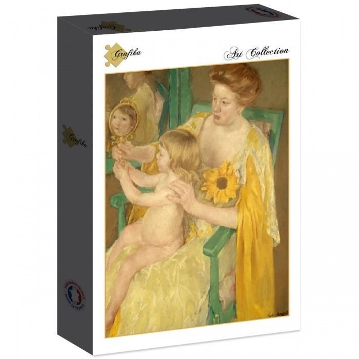Impressionist oil painting of a woman in a yellow dress holding a small child who is looking into a hand mirror.