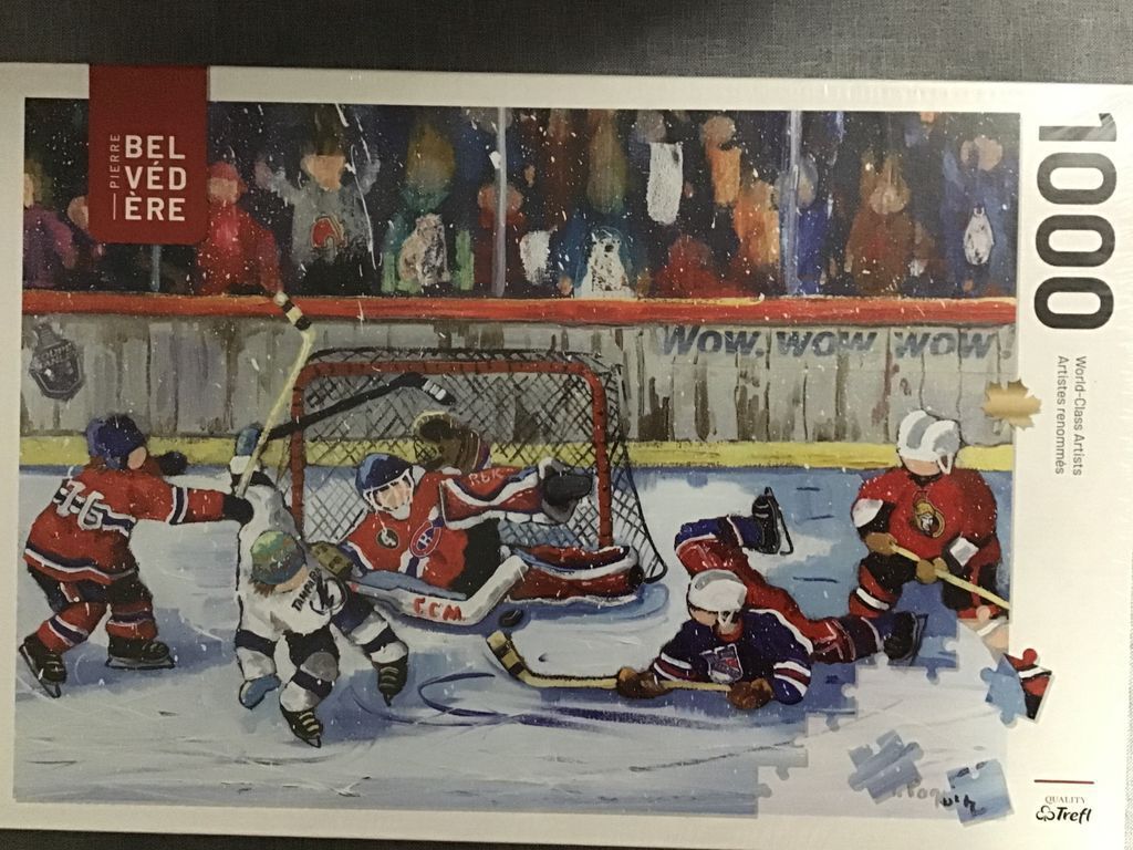 Painting of a chaotic hockey game in front of a goal with players in various jerseys
