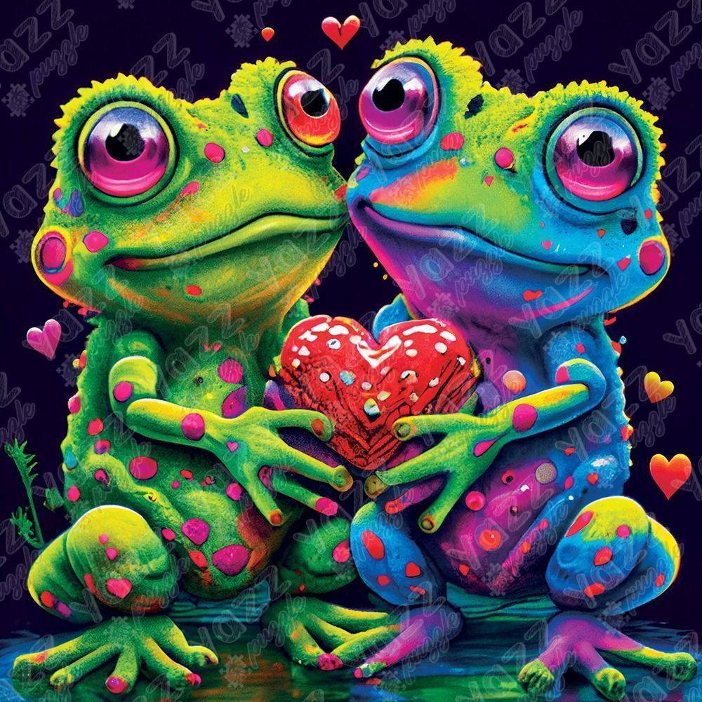 Two vibrant, cartoon-style frogs with large expressive eyes holding a red heart together against a dark background.