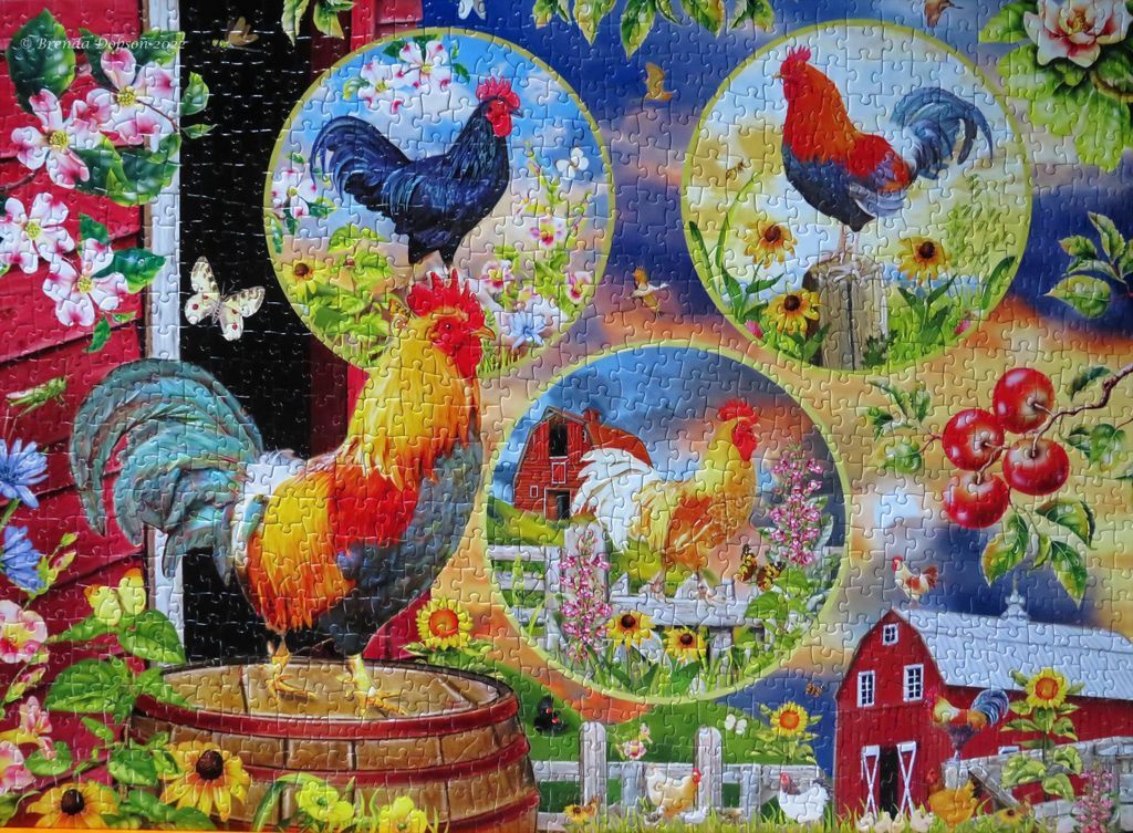 A colourful illustration featuring roosters, red barns, and sunflowers in a collage style.